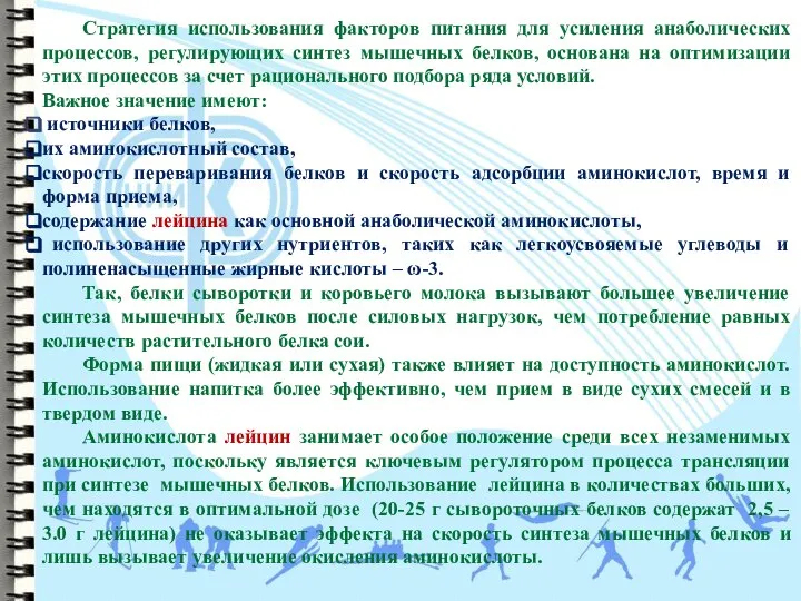 Стратегия использования факторов питания для усиления анаболических процессов, регулирующих синтез мышечных