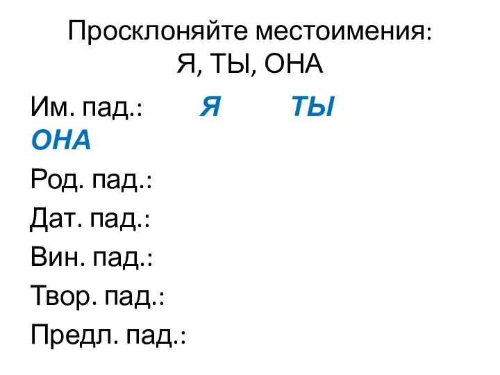 Просклоняйте местоимения: Я, ТЫ, ОНА Им. пад.: Я ТЫ ОНА Род.