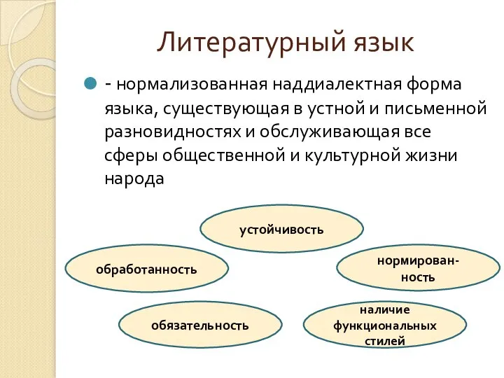 Литературный язык - нормализованная наддиалектная форма языка, существующая в устной и