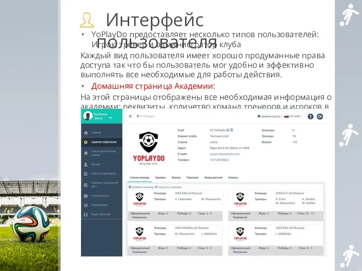 Интерфейс пользователя YoPlayDo предоставляет несколько типов пользователей: Игрок, тренер и администратор