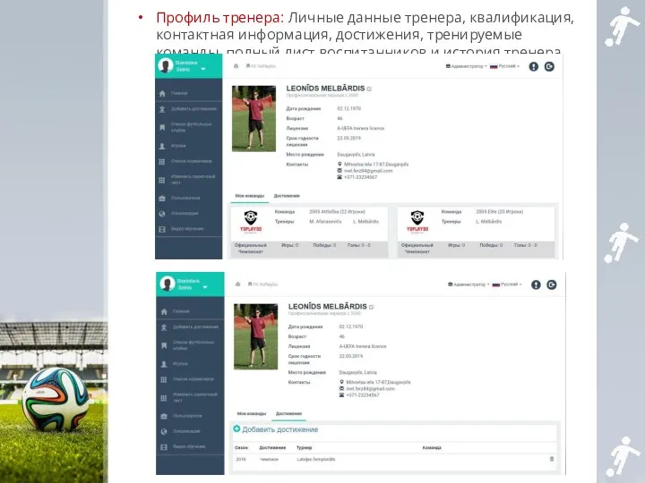 Профиль тренера: Личные данные тренера, квалификация, контактная информация, достижения, тренируемые команды,