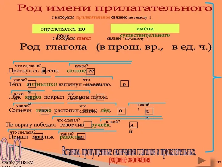 ОгО ОБЪЕДИНЯЕМ ЗНАНИЯ. Род имени прилагательного Род глагола (в прош. вр.,