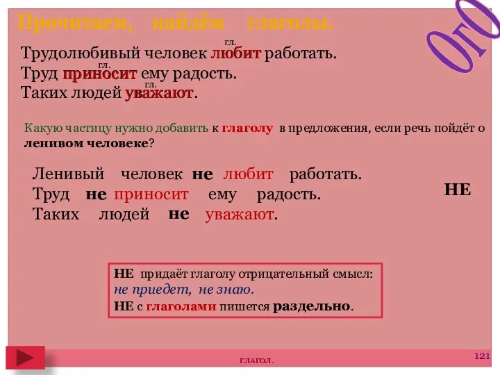 ОгО Прочитаем, найдём глаголы. Трудолюбивый человек любит работать. Труд приносит ему