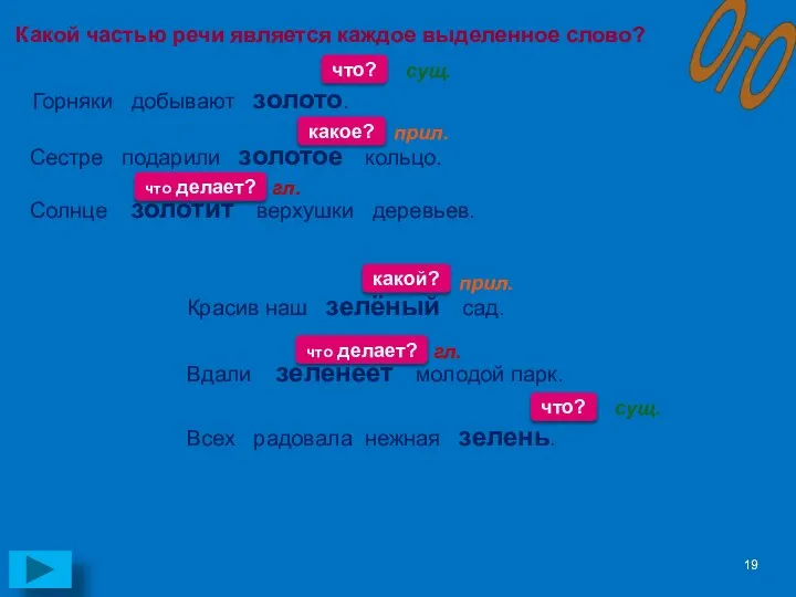 что? ОгО Горняки добывают золото. Какой частью речи является каждое выделенное