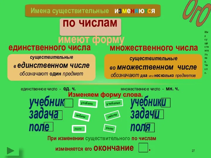 Имена существительные изменяются по числам существительные в единственном числе обозначают один