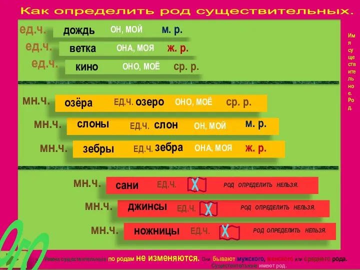 Имя существительное. Род. Имена существительные по родам не изменяются. Они бывают