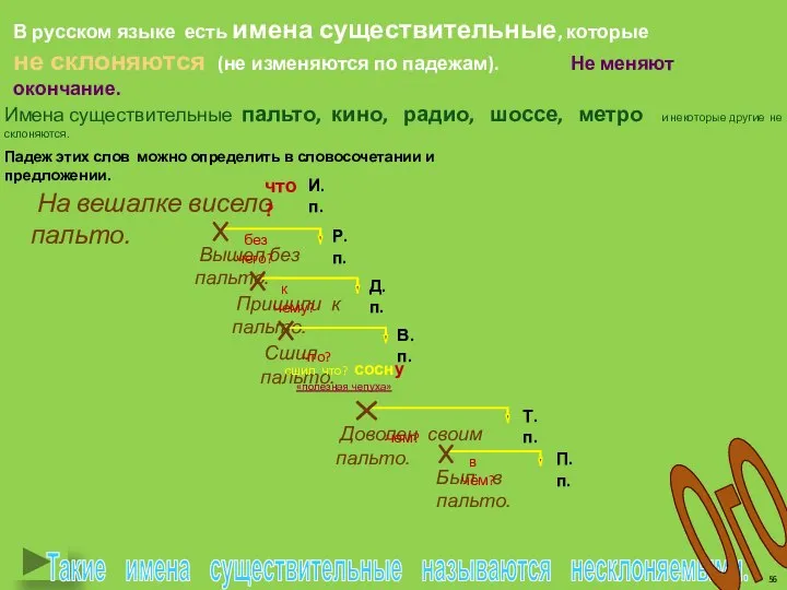 В русском языке есть имена существительные, которые не склоняются (не изменяются