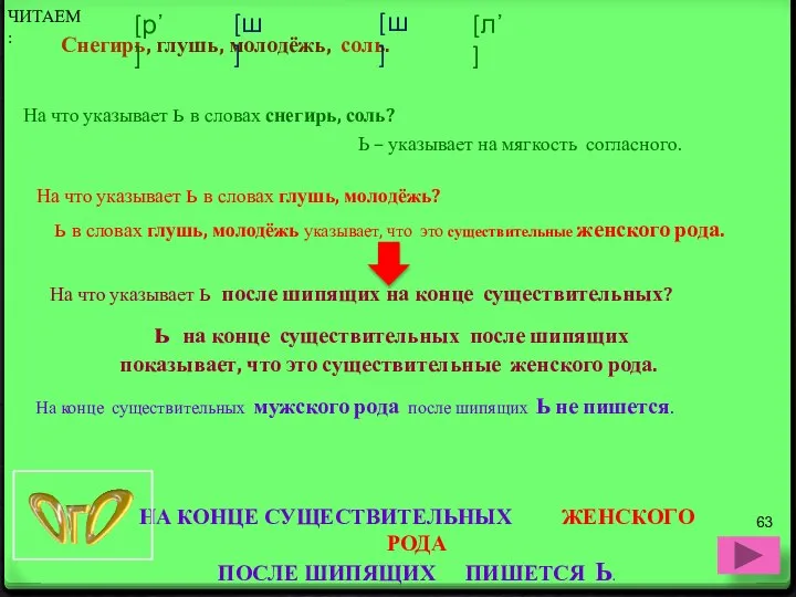 НА КОНЦЕ СУЩЕСТВИТЕЛЬНЫХ ЖЕНСКОГО РОДА ПОСЛЕ ШИПЯЩИХ ПИШЕТСЯ Ь. Снегирь, глушь,