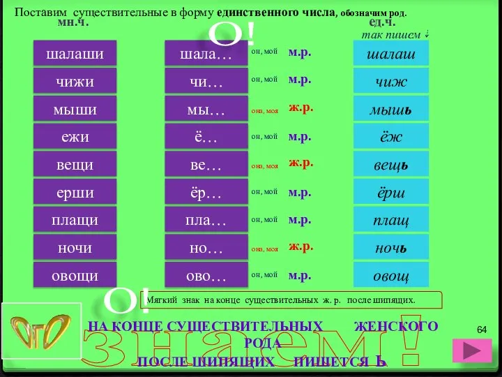 знаем! НА КОНЦЕ СУЩЕСТВИТЕЛЬНЫХ ЖЕНСКОГО РОДА ПОСЛЕ ШИПЯЩИХ ПИШЕТСЯ Ь. Поставим