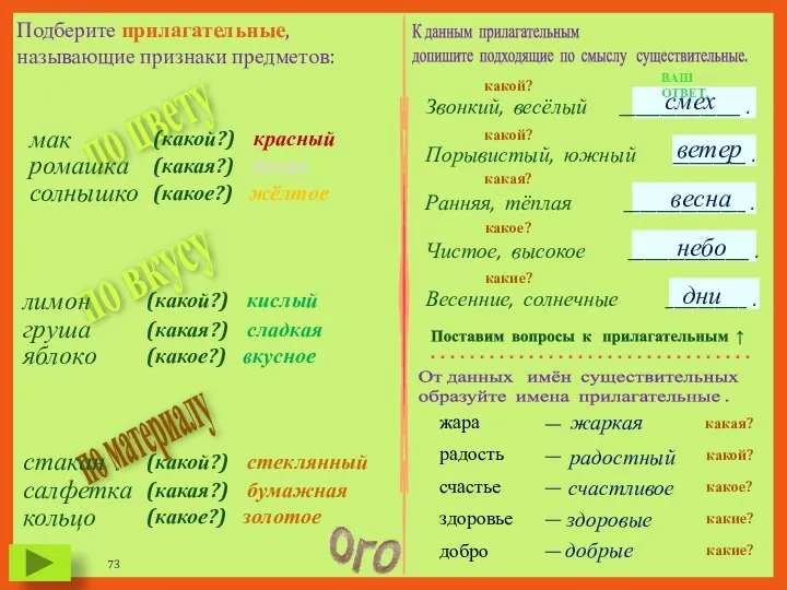 Подберите прилагательные, называющие признаки предметов: по цвету мак красный ромашка белая