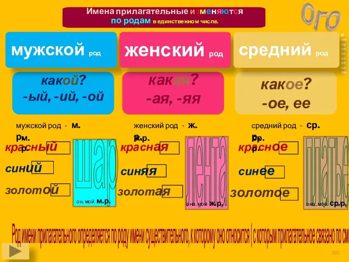 какое? -ое, ее какой? -ый, -ий, -ой какая? -ая, -яя мужской