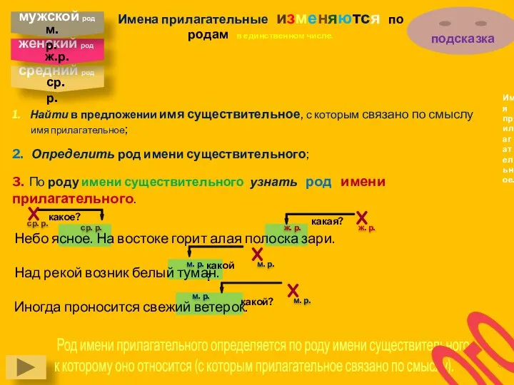 Имя прилагательное. Род имени прилагательного определяется по роду имени существительного, к