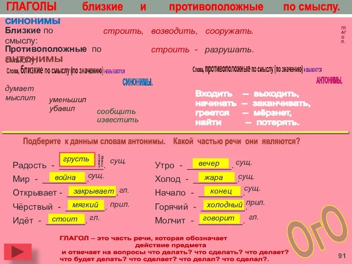 ГЛАГОЛ – это часть речи, которая обозначает действие предмета и отвечает