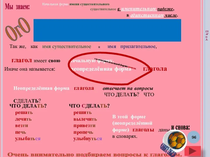 Очень внимательно подбираем вопросы к глаголам. Начальная форма имени существительного существительное