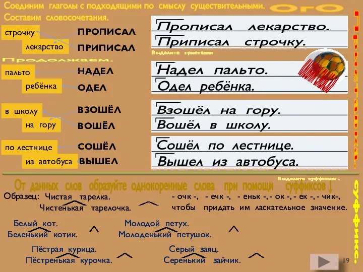 Приставка. Соединим глаголы с подходящими по смыслу существительными. Составим словосочетания. Выделите