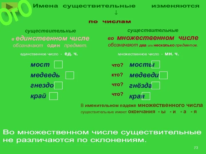 Имена существительные изменяются ↓ по числам существительные в единственном числе обозначают