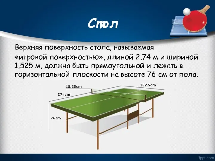 Стол Верхняя поверхность стола, называемая «игровой поверхностью», длиной 2,74 м и