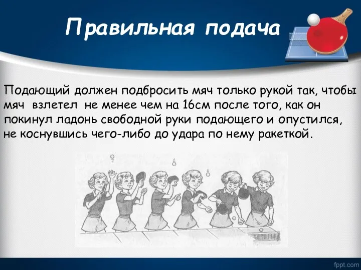 Правильная подача Подающий должен подбросить мяч только рукой так, чтобы мяч