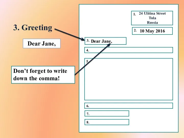 3. Greeting 10 May 2016 Dear Jane, Dear Jane, Don’t forget