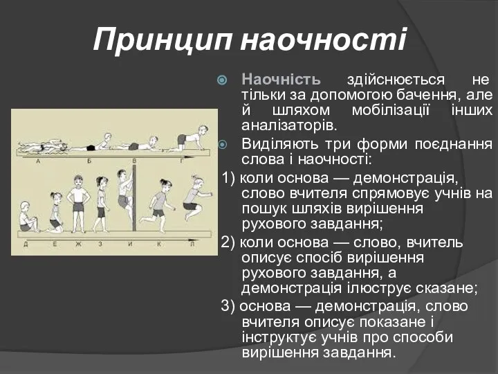 Принцип наочності Наочність здійснюється не тільки за допомогою бачення, але й