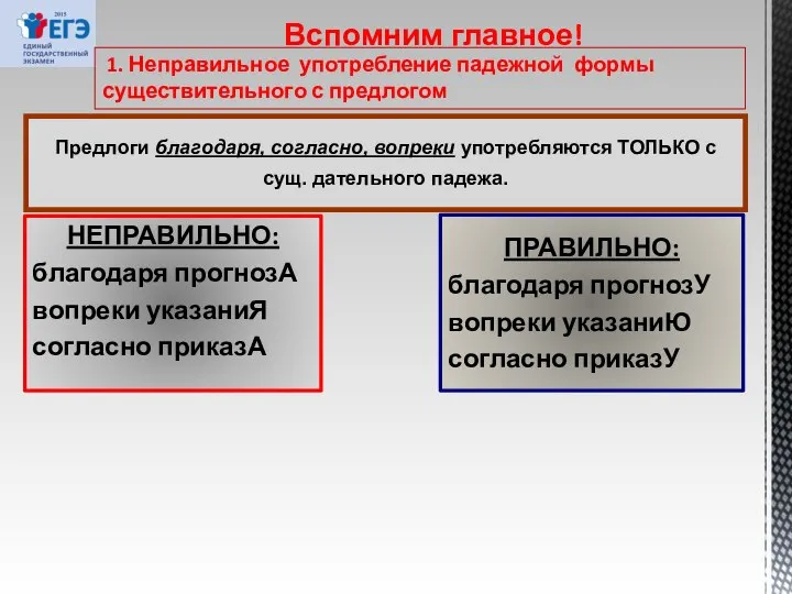 Вспомним главное! 1. Неправильное употребление падежной формы существительного с предлогом Предлоги