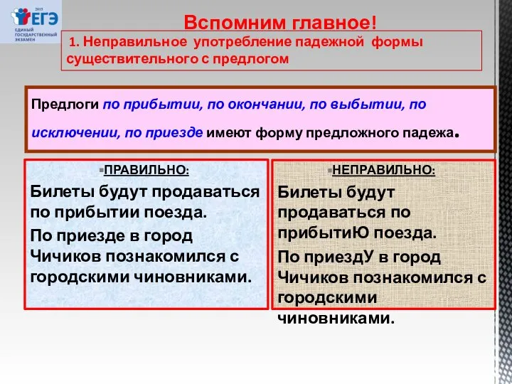 Вспомним главное! 1. Неправильное употребление падежной формы существительного с предлогом Предлоги