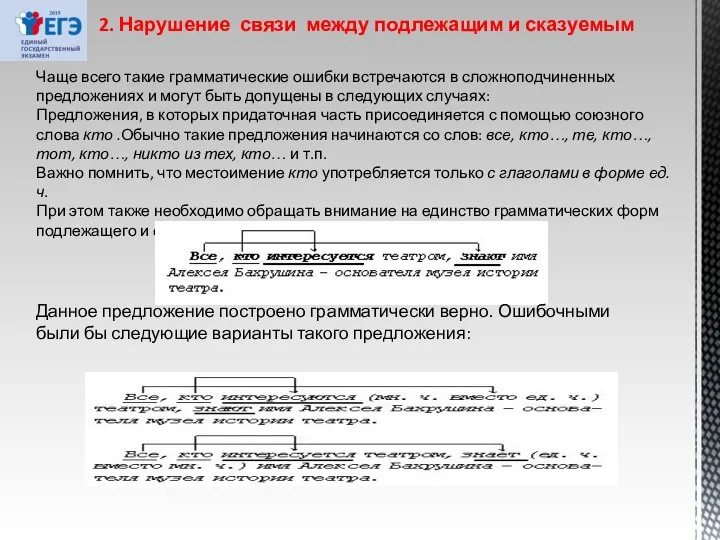 2. Нарушение связи между подлежащим и сказуемым Чаще всего такие грамматические