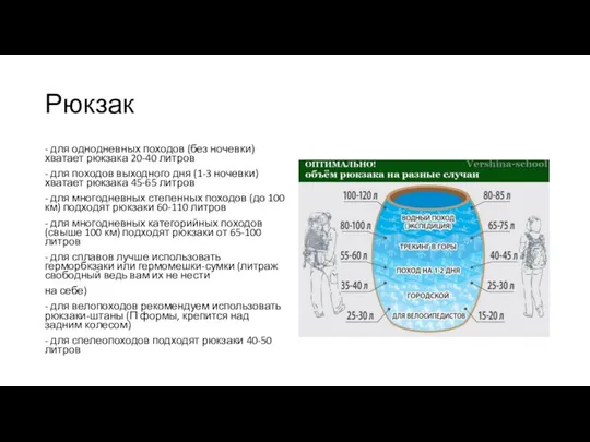 Рюкзак - для однодневных походов (без ночевки) хватает рюкзака 20-40 литров