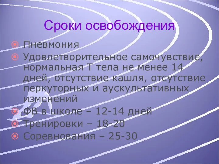 Сроки освобождения Пневмония Удовлетворительное самочувствие, нормальная Т тела не менее 14