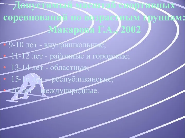 Допустимый масштаб спортивных соревнований по возрастным группам: Макарова Г.А., 2002 9-10