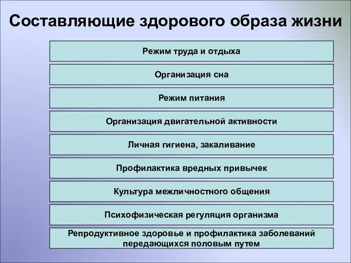 Составляющие здорового образа жизни Режим труда и отдыха Организация двигательной активности