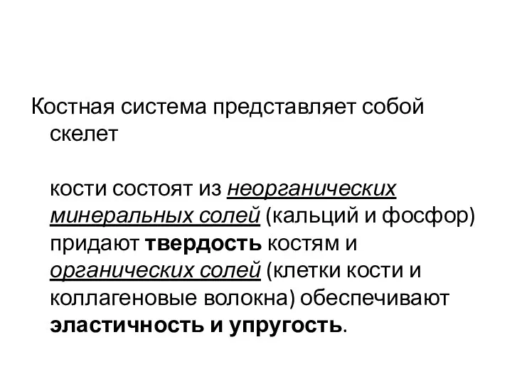 Костная система представляет собой скелет кости состоят из неорганических минеральных солей