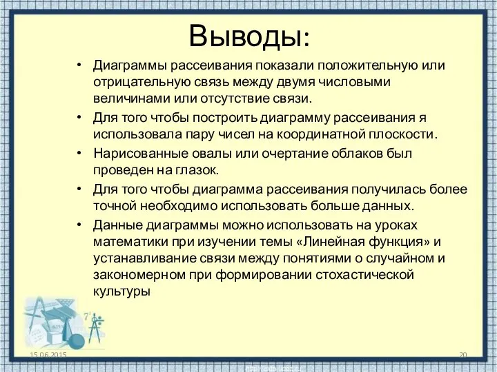 Выводы: Диаграммы рассеивания показали положительную или отрицательную связь между двумя числовыми