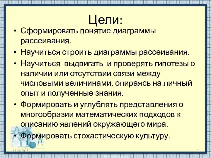 Цели: Сформировать понятие диаграммы рассеивания. Научиться строить диаграммы рассеивания. Научиться выдвигать