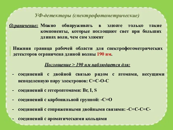 УФ-детекторы (спектрофотометрические) Ограничение: Можно обнаруживать в элюате только такие компоненты, которые