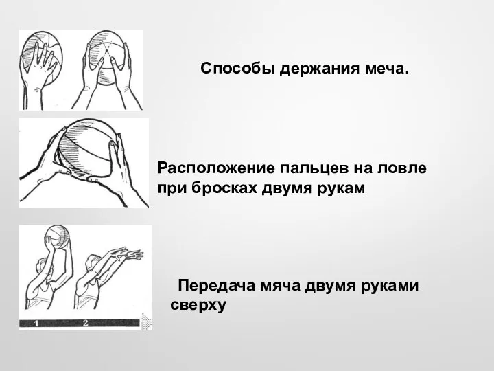 Способы держания меча. Расположение пальцев на ловле при бросках двумя рукам Передача мяча двумя руками сверху