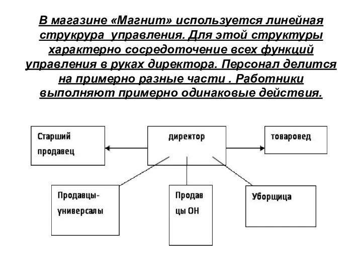 В магазине «Магнит» используется линейная струкрура управления. Для этой структуры характерно