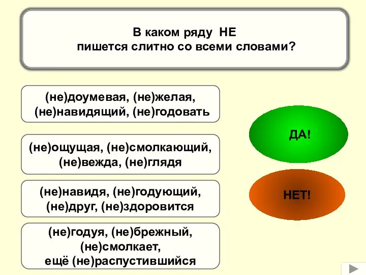 В каком ряду НЕ пишется слитно со всеми словами? (не)ощущая, (не)смолкающий,