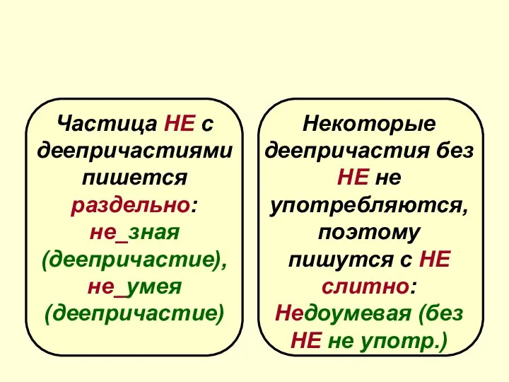 НЕ с деепричастиями Частица НЕ с деепричастиями пишется раздельно: не_зная (деепричастие),