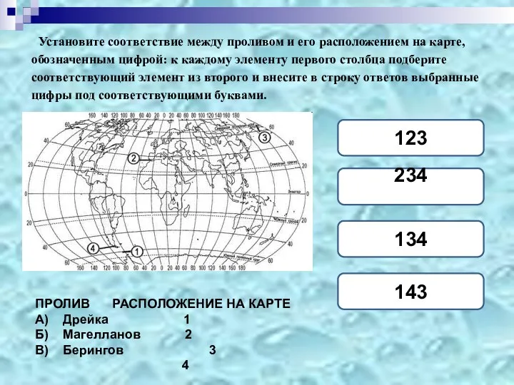 Установите соответствие между проливом и его расположением на карте, обозначенным цифрой: