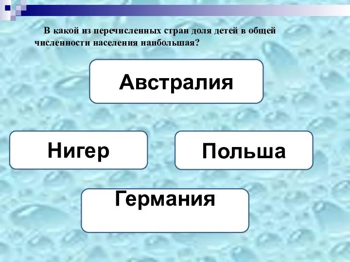 В какой из перечисленных стран доля детей в общей численности населения наибольшая? Нигер Австралия Польша Германия