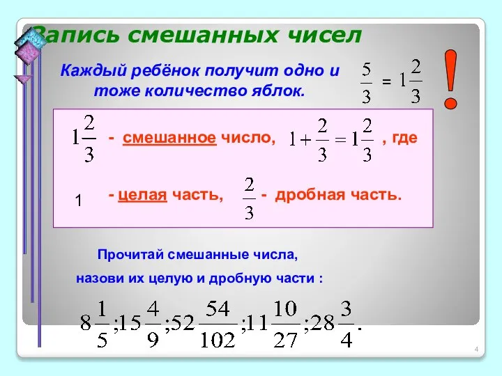 Запись смешанных чисел Каждый ребёнок получит одно и тоже количество яблок.