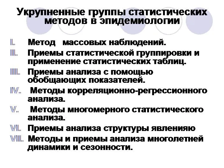 Укрупненные группы статистических методов в эпидемиологии Метод массовых наблюдений. Приемы статистической