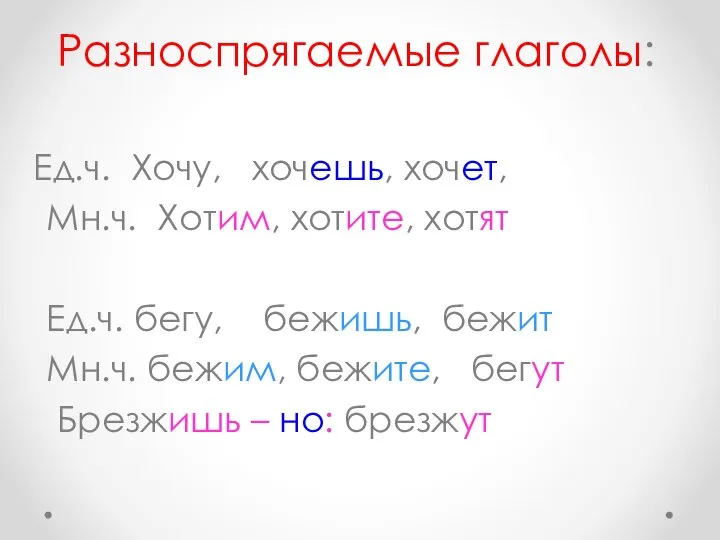 Разноспрягаемые глаголы: Ед.ч. Хочу, хочешь, хочет, Мн.ч. Хотим, хотите, хотят Ед.ч.