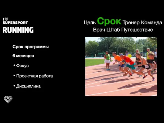 Цель Срок Тренер Команда Врач Штаб Путешествие Срок программы 6 месяцев Фокус Проектная работа Дисциплина