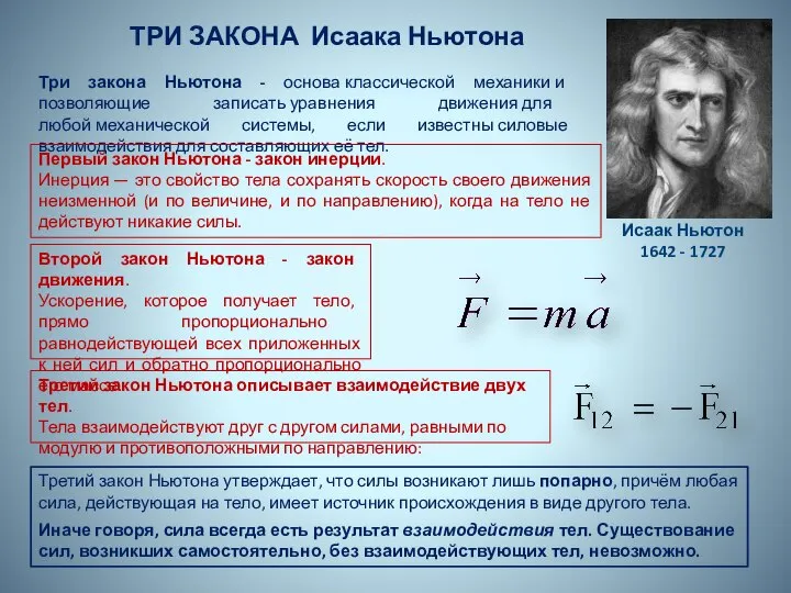 ТРИ ЗАКОНА Исаака Ньютона Три закона Ньютона - основа классической механики