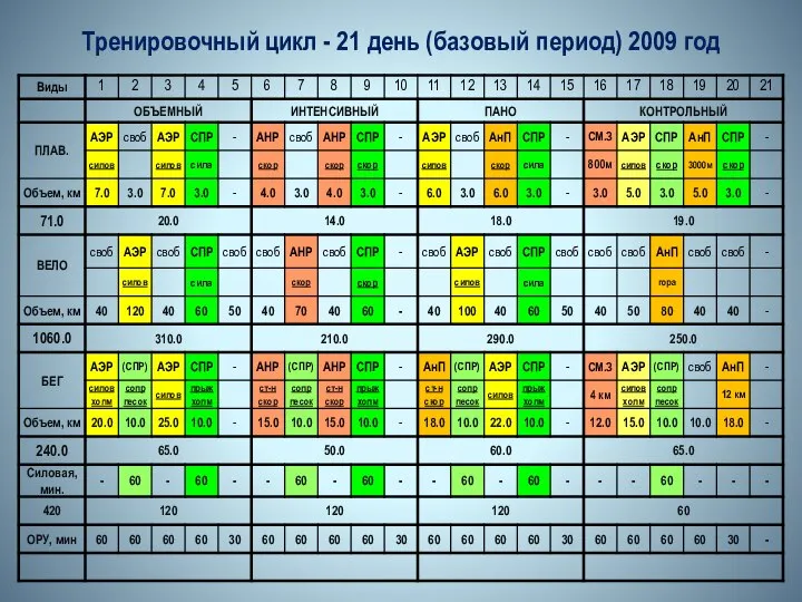 Тренировочный цикл - 21 день (базовый период) 2009 год