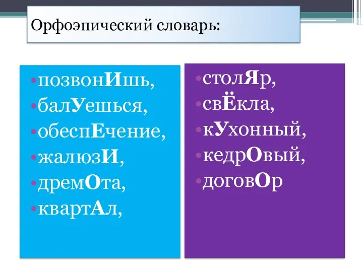 Орфоэпический словарь: позвонИшь, балУешься, обеспЕчение, жалюзИ, дремОта, квартАл, столЯр, свЁкла, кУхонный, кедрОвый, договОр