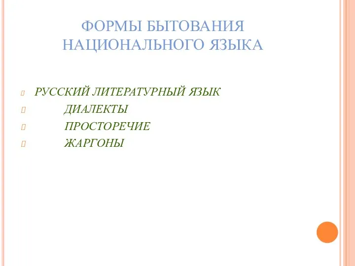 ФОРМЫ БЫТОВАНИЯ НАЦИОНАЛЬНОГО ЯЗЫКА РУССКИЙ ЛИТЕРАТУРНЫЙ ЯЗЫК ДИАЛЕКТЫ ПРОСТОРЕЧИЕ ЖАРГОНЫ