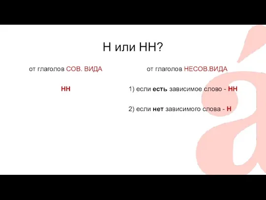 Н или НН? от глаголов СОВ. ВИДА НН от глаголов НЕСОВ.ВИДА